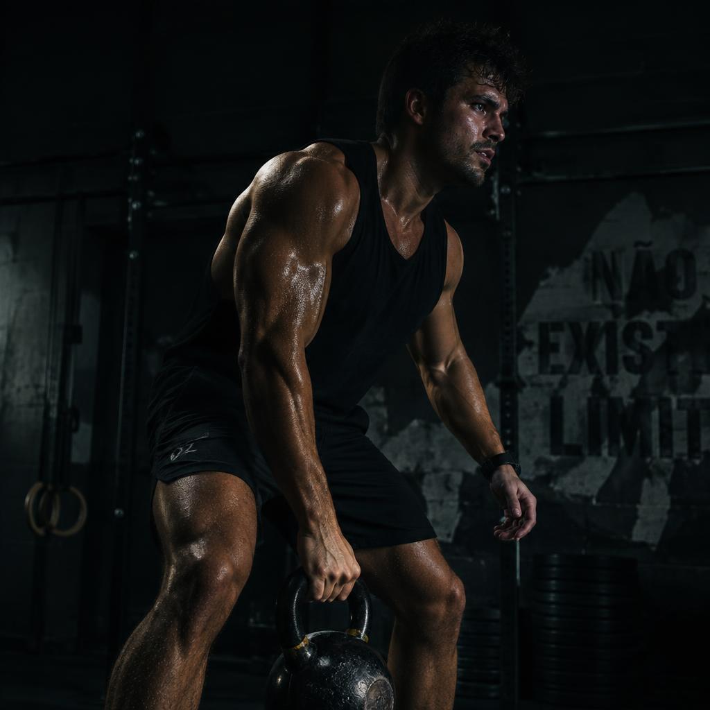 Atleta treinando com kettlebell sob luz dramática